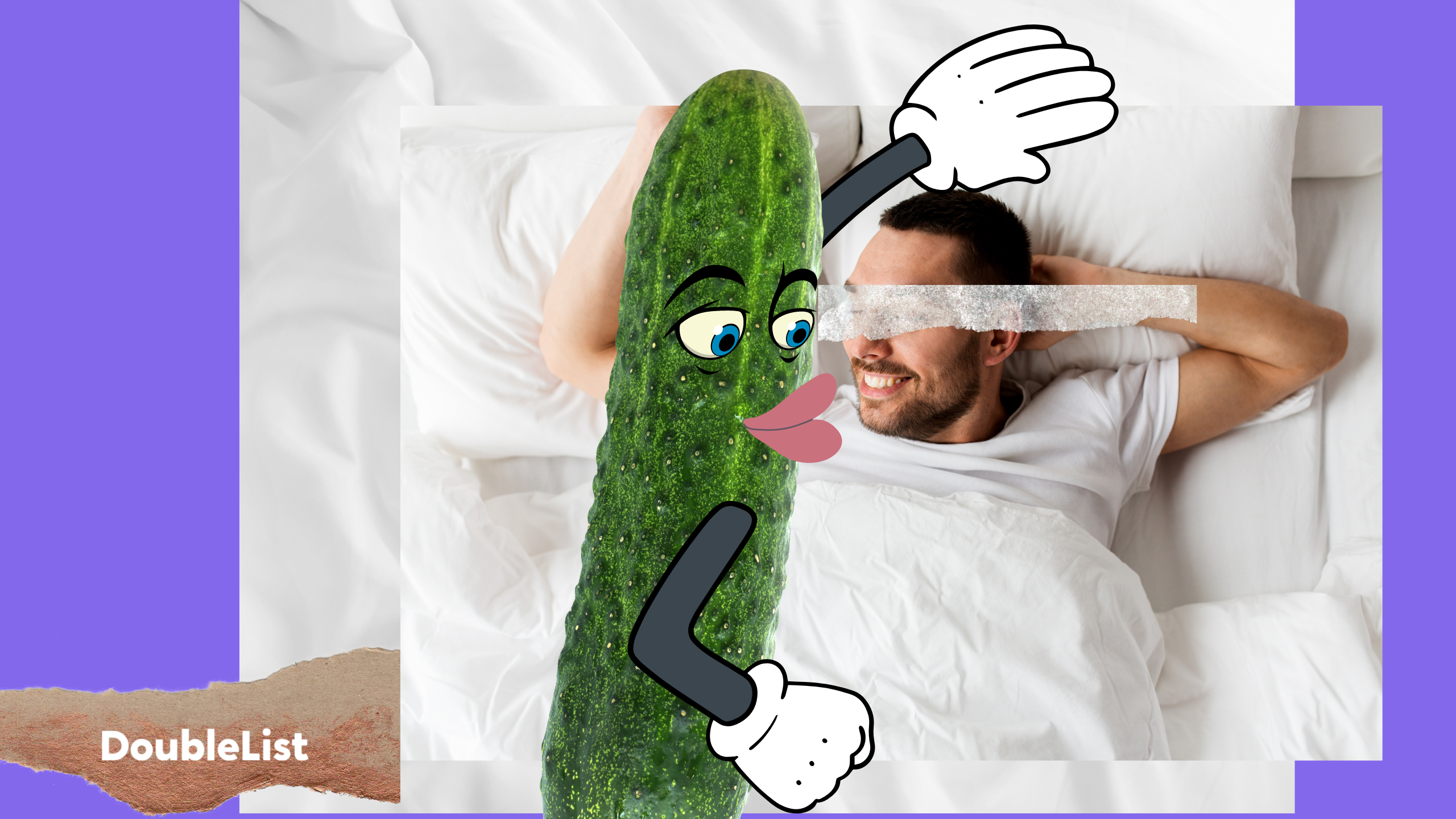 A man in bed with a cartoon pickle representing wanting to go to meeting place for a casual encounter.