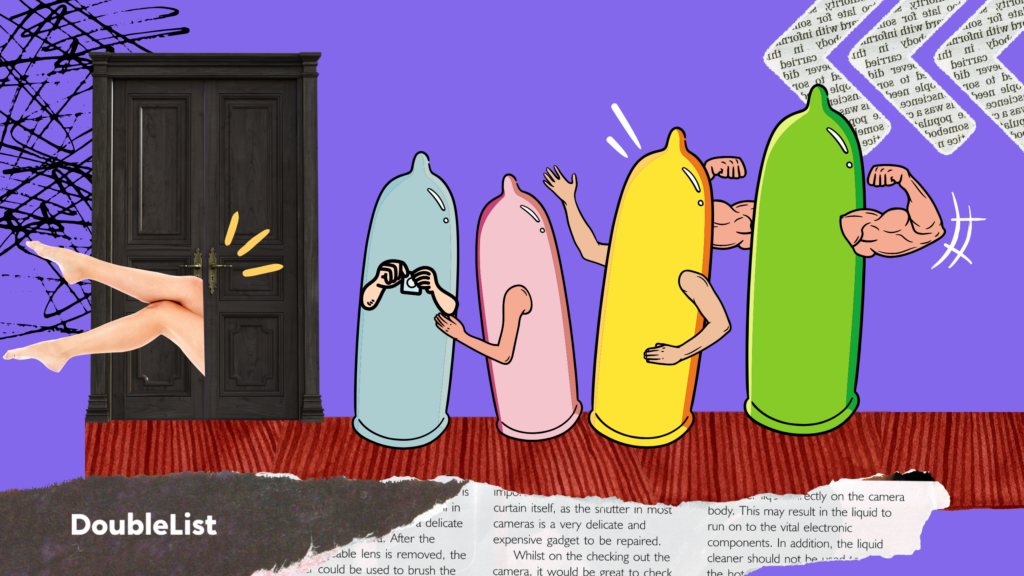DoubleList graphic featuring erect cartoon condoms with human arms lined up outside a door with legs symbolizing a hookup.