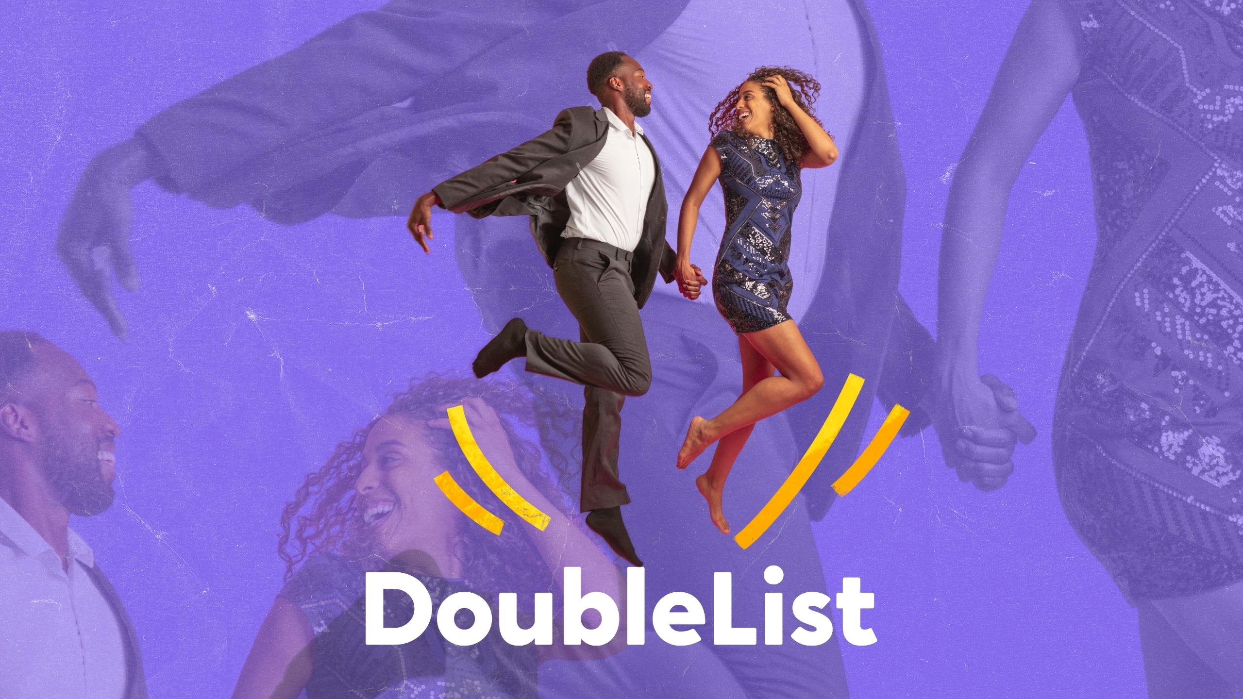DoubleList graphic of a happily smiling and dancing couple holding hands against a purple textured backdrop.