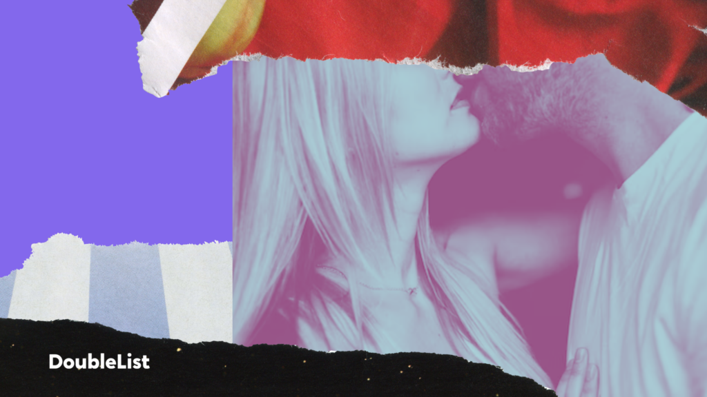 DoubleList graphic of two people kissing, with bold paper collage elements symbolizing casual dating.