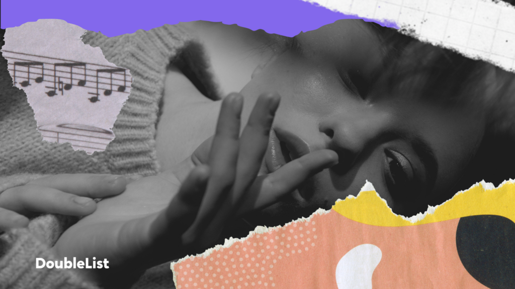 DoubleList graphic of a woman resting with her fingers in front of her mouth, overlaid with colorful, textured paper cutouts.