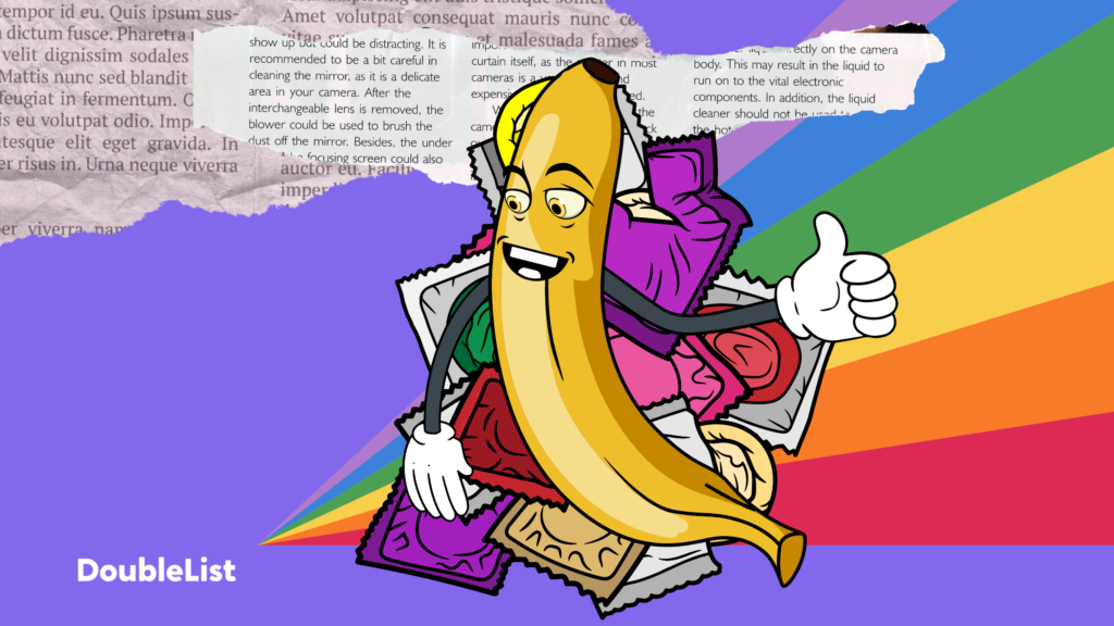 DoubleList graphic with an illustration of a cartoon banana doing a thumbs up in front of colorful condoms and a rainbow.