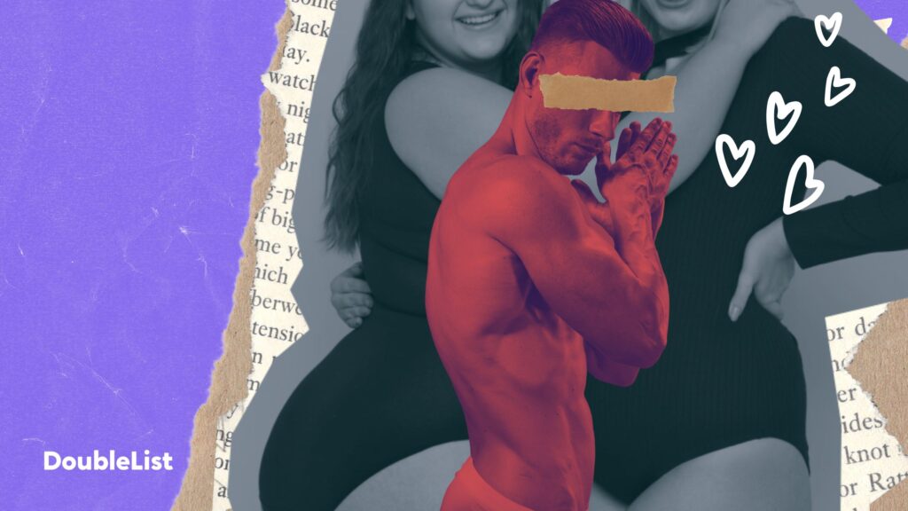 DoubleList graphic of a muscular, shirtless man in front of two BBW women and a collage of torn paper and text pages.