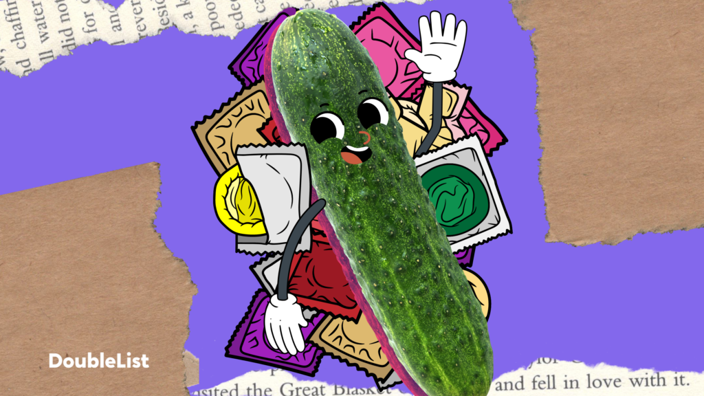 DoubleList graphic with a cucumber with cartoon face and arms laying on pile of colorful condoms against collaged backdrop.