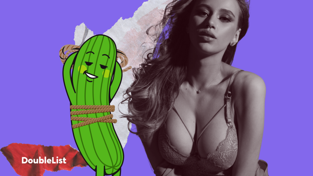 DoubleList graphic of a tied-up cartoon cucumber next to a woman in a bra with textured paper and a purple backdrop.