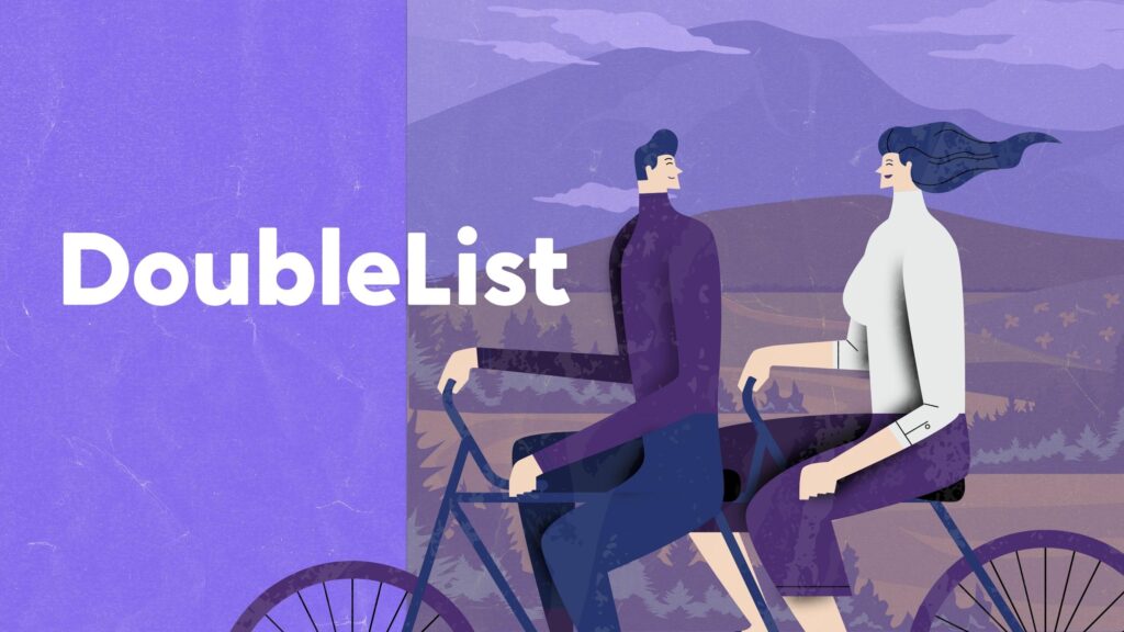 DoubleList animated graphic of a happy couple riding a tandem bike in front of a mountain landscape.