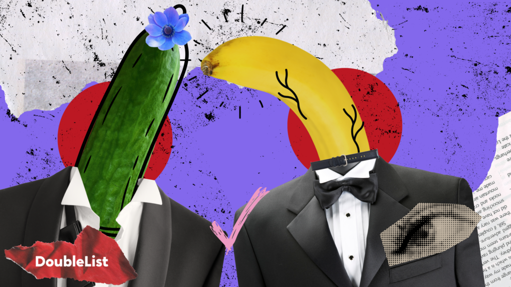 DoubleList graphic of a cucumber and banana in suits with a flower and clock veiny face against a splattered purple backdrop.