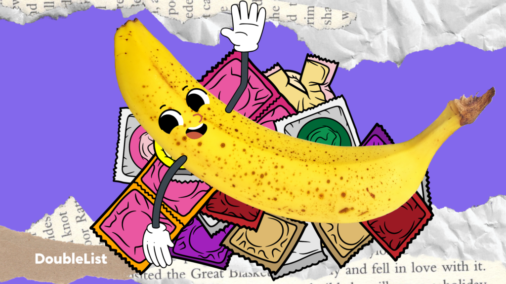DoubleList graphic of a banana with cartoon face and arms on a pile of illustrated wrapped condoms on a collage background.