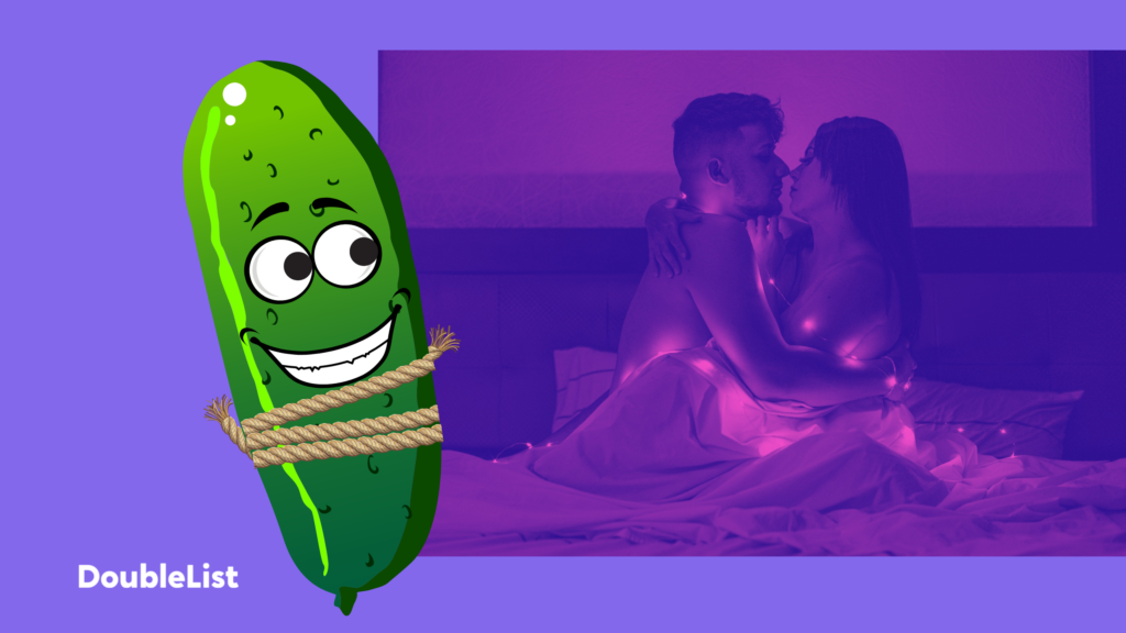 DoubleList graphic of tied up cartoon cucumber overlaying a couple in an intimate position in bed on a purple backdrop.