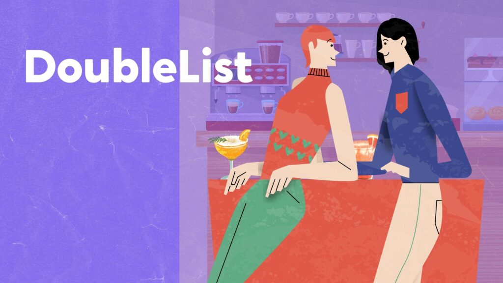 DoubleList animated graphic of dating in a bar with a purple background.