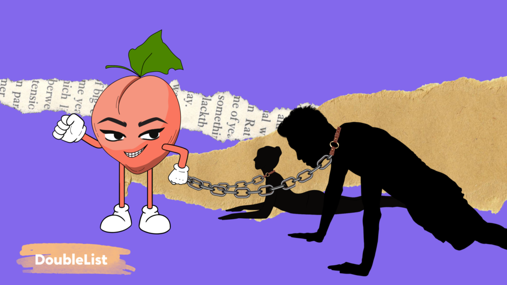 DoubleList graphic of an animated peach character walking a silhouette of a man and woman on chain leashes.