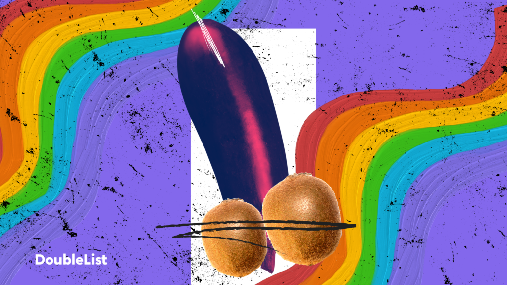 DoubleList graphic of a suggestive eggplant and two kiwis, on a vibrant rainbow-swirl paint background.
