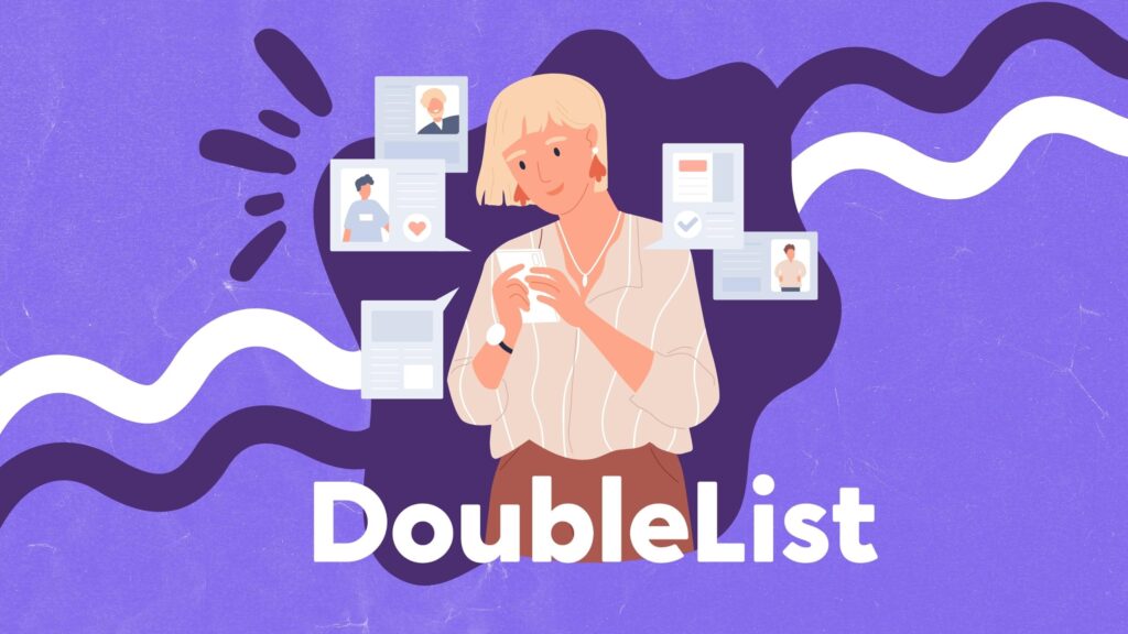 DoubleList animated graphic of a woman using a dating app for hookups and casual encounters.