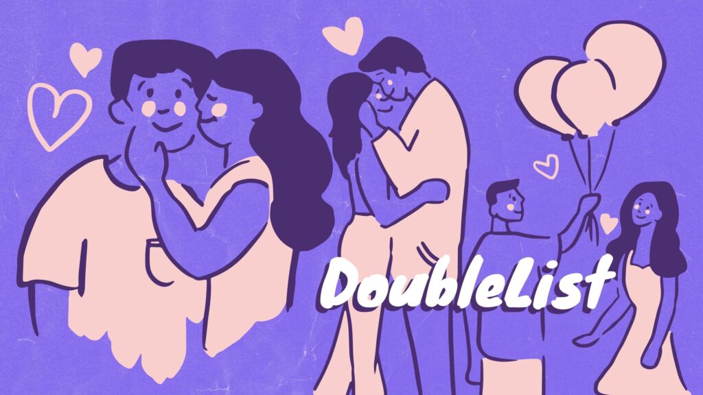 DoubleList brush drawing graphic of various happy couples symbolizing dating and relationships from online dating.