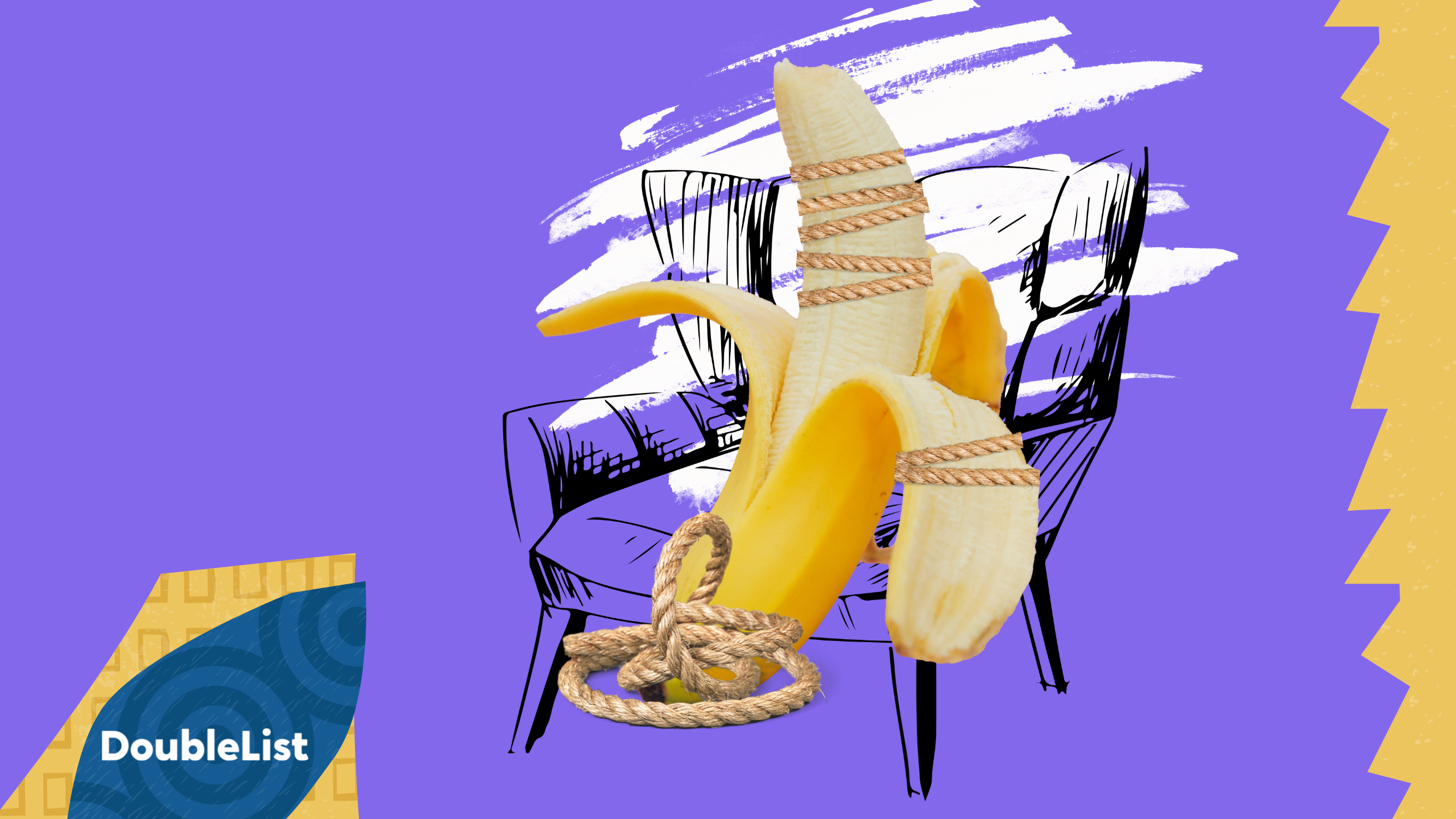 DoubleList graphic of a tied up banana on a sketched chair against a colorful backdrop symbolizing BDSM.