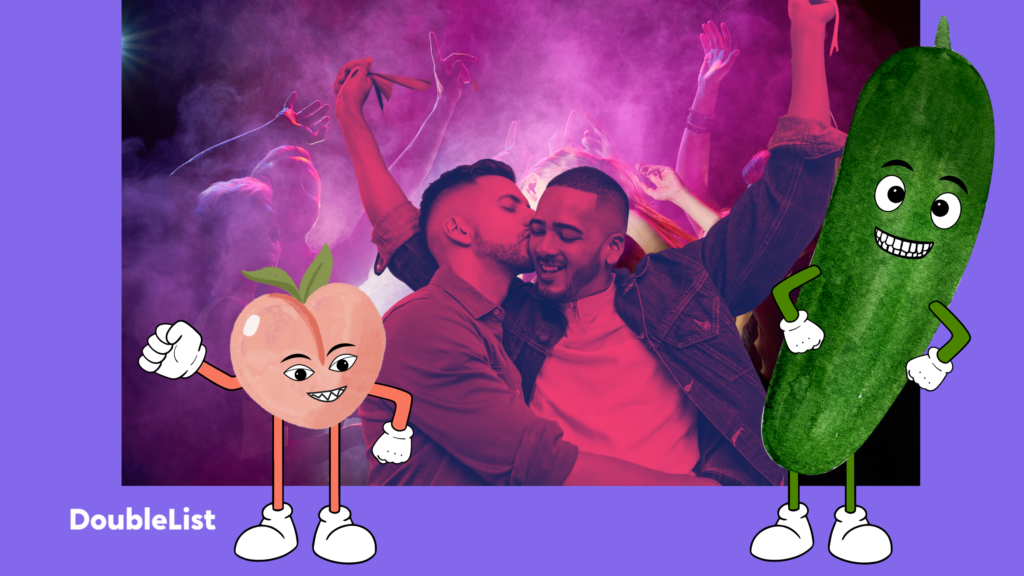 DoubleList graphic of a cartoon peach and cucumber character overlaying a gay couple kissing in a busy club scene.