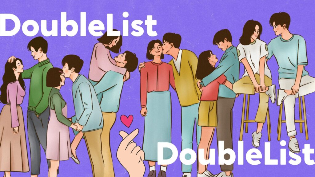 DoubleList Korean inspired graphic of various hetero couples smiling and showing affection against a purple backdrop.