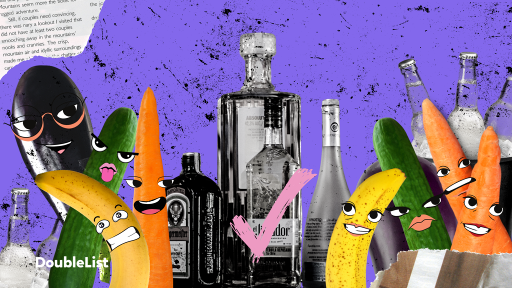 DoubleList graphic of cartoon fruits and vegetables with faces in front of grayscale alcohol bottles on a purple backdrop.