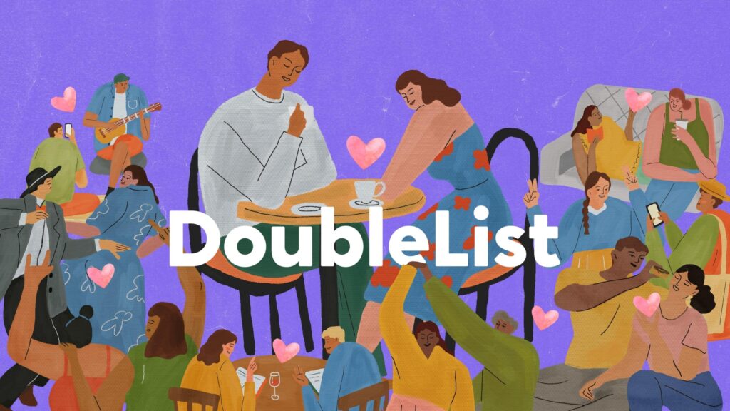 DoubleList graphic of diverse people socializing and sharing love in a busy cafe to symbolize dating on DoubleList.