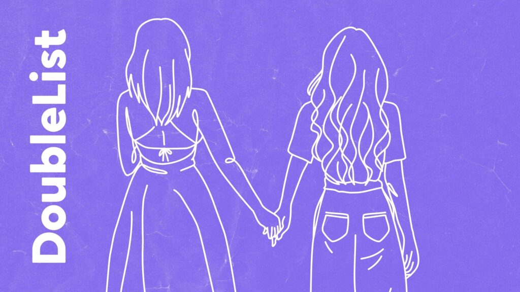 DoubleList graphic of a white line drawing of two women holding hands against a purple textured backdrop.