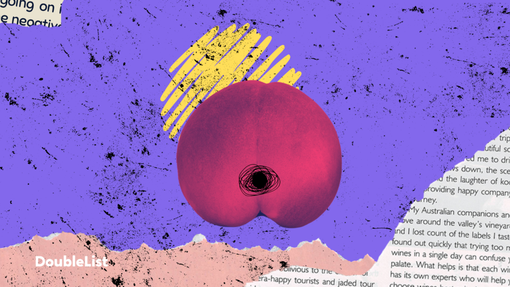DoubleList graphic featuring a pink peach with a hole scribbled on it against a collage of purple and newsprint.
