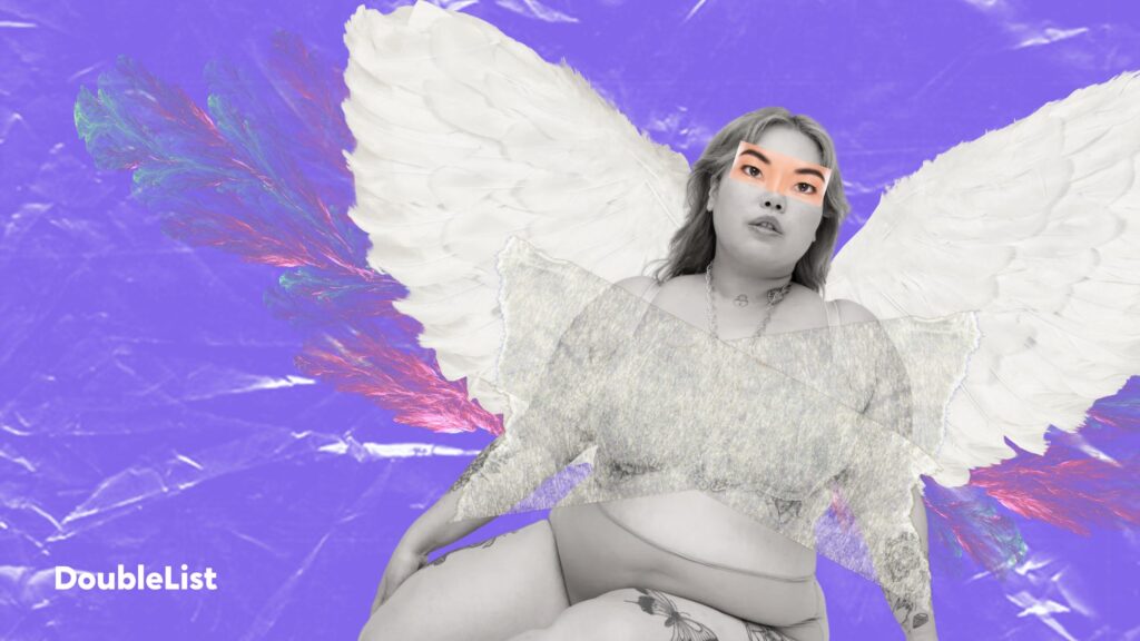 DoubleList graphic of a BBW woman in underwear with angel wings overlaying a textured, purple backdrop.