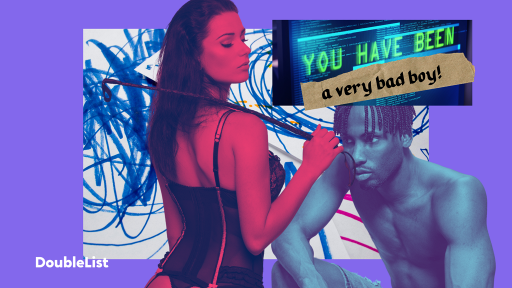 DoubleList graphic featuring a collage of the words "You have been a very bad boy", a dominatrix, and a shirtless man.