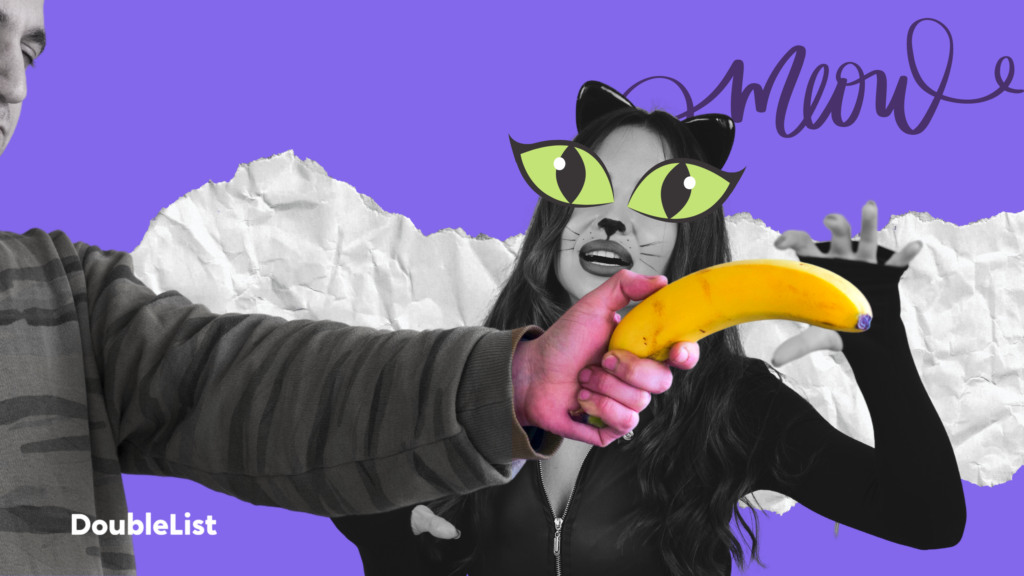 DoubleList graphic of a man holding a banana in front of a woman dressed as a cat in front of a purple backdrop.
