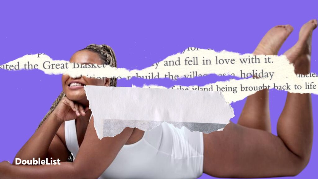 DoubleList graphic of torn paper overlaying a BBW woman laying down and smiling on a purple backdrop.