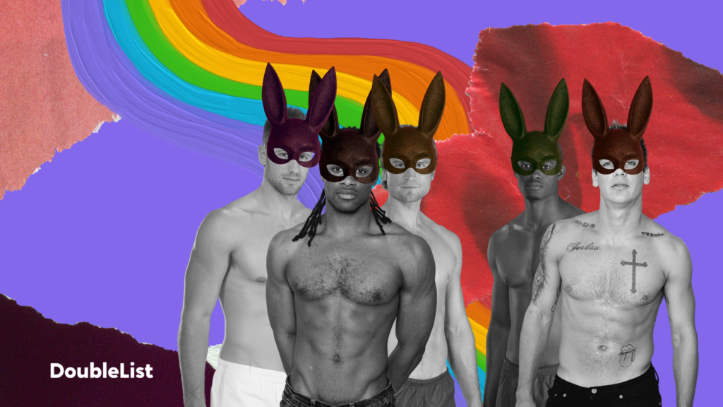 DoubleList graphic featuring five shirtless men wearing sparkly bunny ear masks overlaying torn paper and rainbow squiggle.