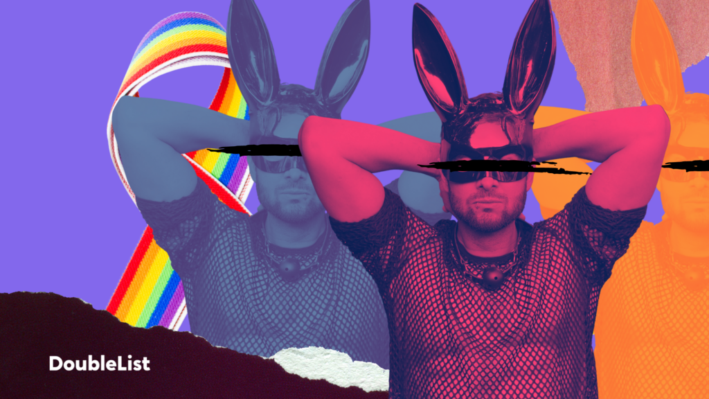 DoubleList graphic of man wearing a fishnet shirt and bunny ears in front of a rainbow ribbon and collage backdrop.