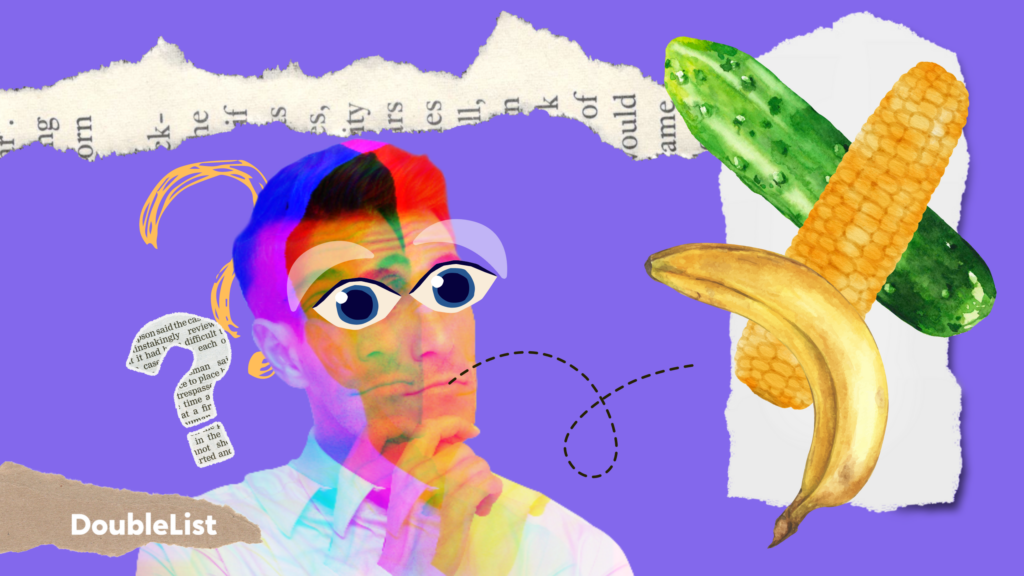 DoubleList collage of a man looking at a collection of phallic vegetables symbolizing curiousity about gay dating.
