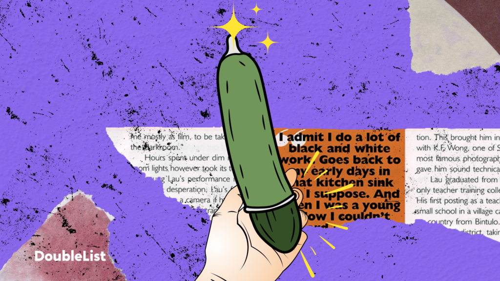 DoubleList graphic featuring an illustrated hand holding a cucumber with a condom on it in front of a collage background.