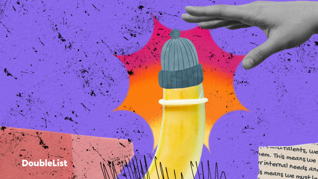 DoubleList graphic featuring a hand reaching out to a banana with a beanie and condom on the tip on a colorful backdrop.