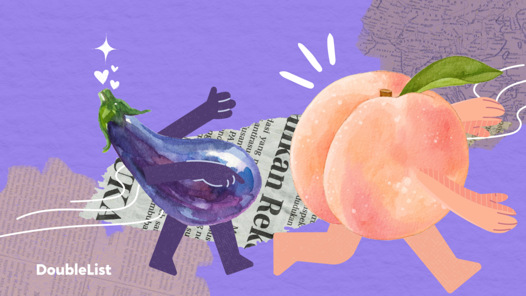 DoubleList graphic of a watercolor eggplant chasing a watercolor peach symbolizing intimate acts against a purple backdrop.
