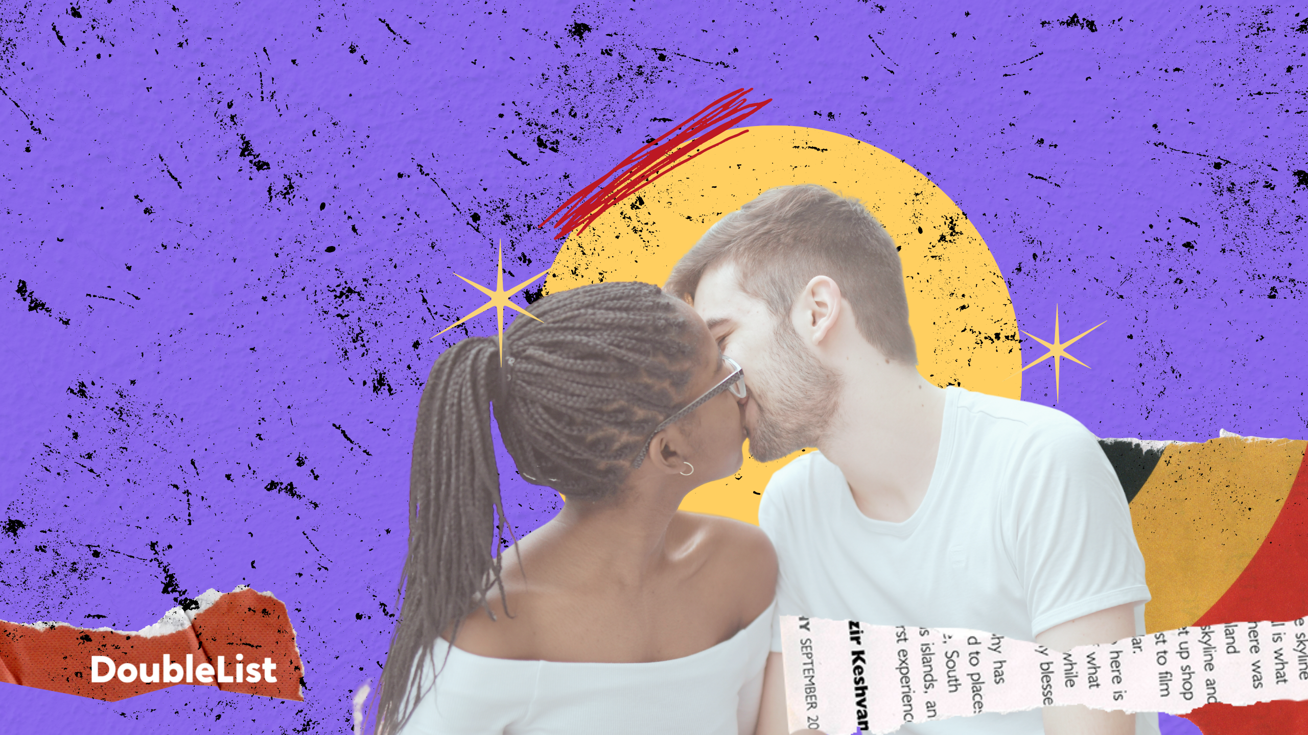 DoubleList graphic collage featuring a woman and man kissing against a colorful, splattered backdrop.