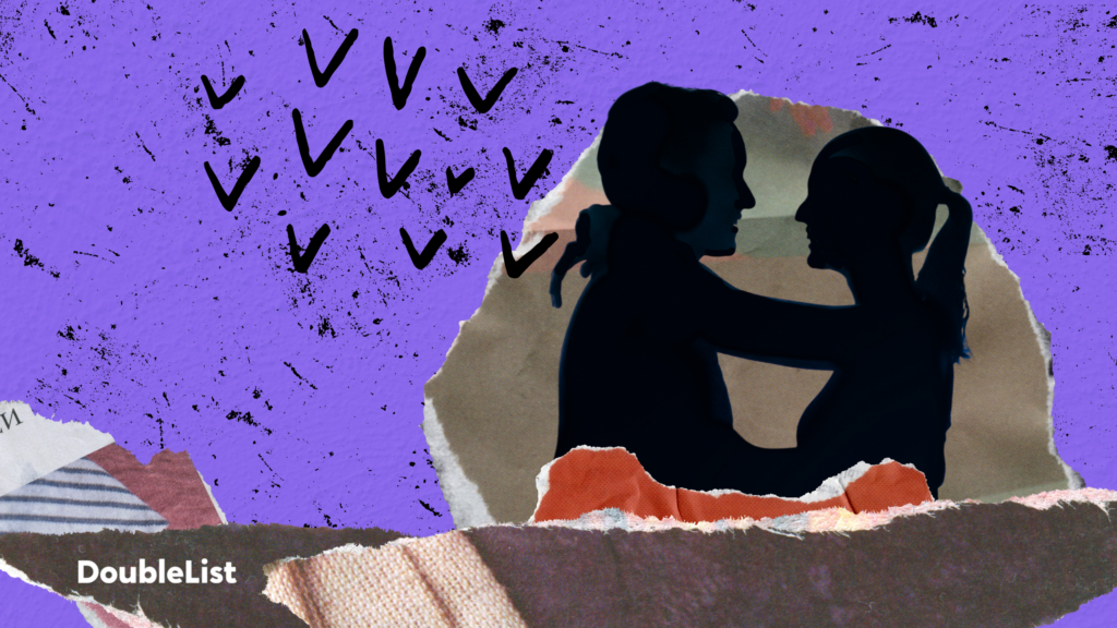 DoubleList graphic collage of torn paper and silhouettes of a man and a woman embracing against a purple backdrop.