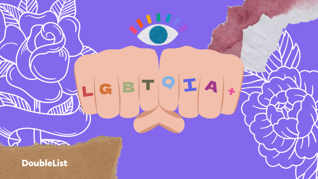 DoubleList animated graphic of two fists with the LGBTQIA+ anagram on each knuckle, on a purple floral backdrop