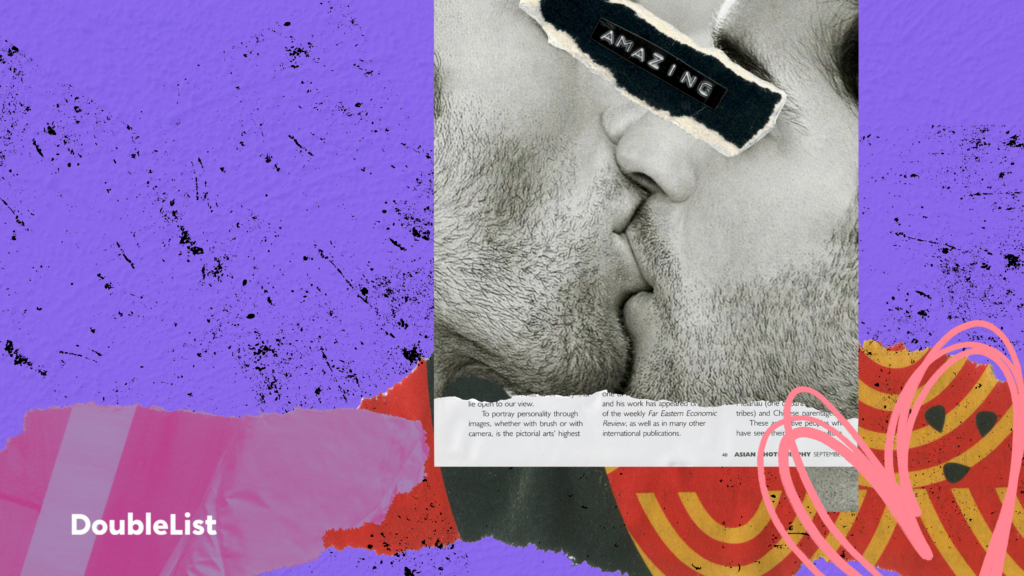 DoubleList graphic featuring a black and white closeup of two men kissing with their eyes covered by an "amazing" label.
