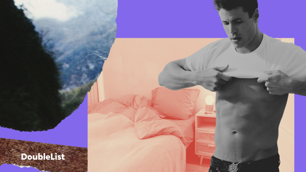 DoubleList graphic of a man putting his shirt on and textured paper cutouts overlaying an orange bedroom.