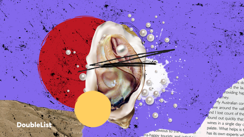 DoubleList graphic featuring an oyster on the halfshell with pearls around it against a multi-colored, splattered background.