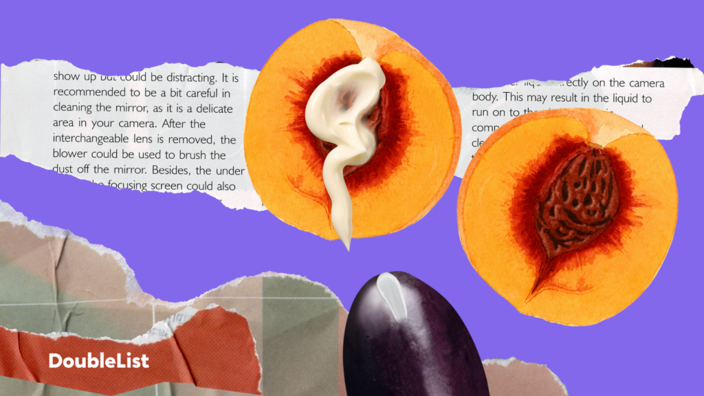 DoubleList graphic of an eggplant next to two peach halves, one with white cream on top symbolizing casual hookups.