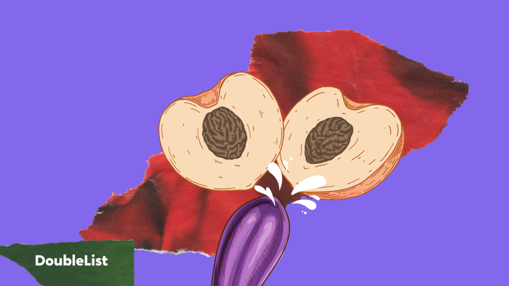 DoubleList graphic of an eggplant squirting white liquid on two open peach halves against a red and purple backdrop.