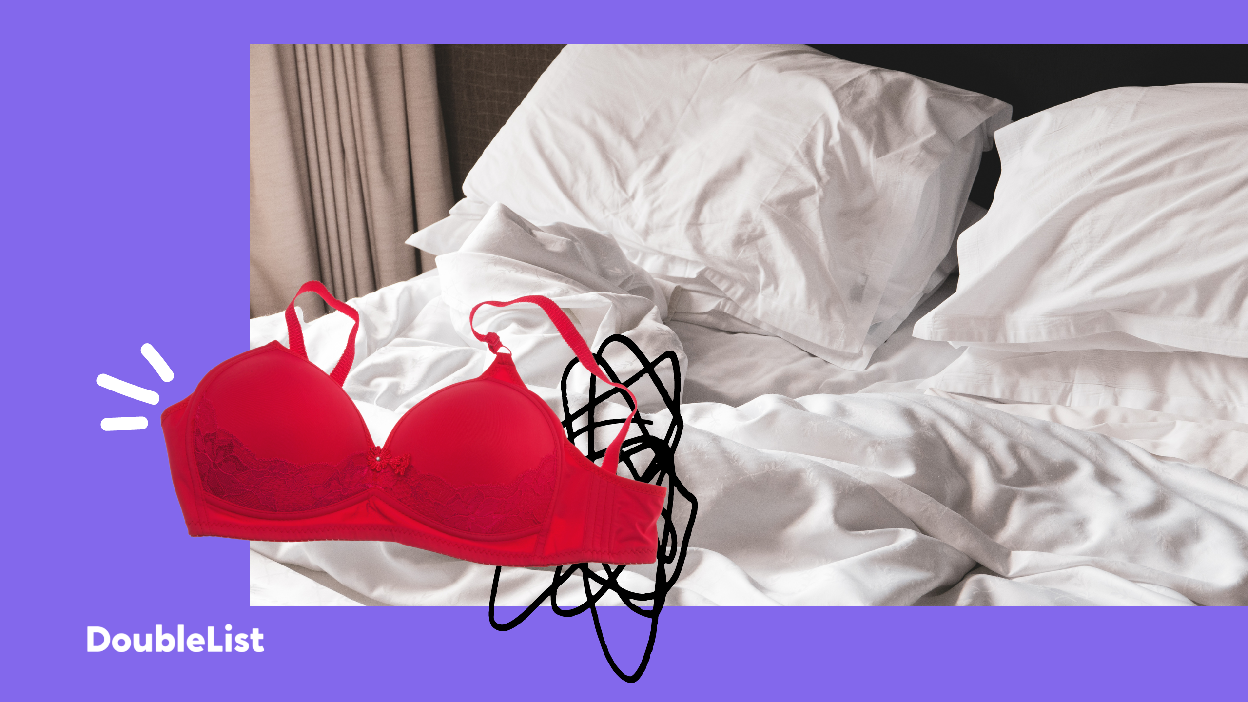 DoubleList graphic of a red bra overlaying black scribbles and an unmade bed symbolizing hookups and casual dating.