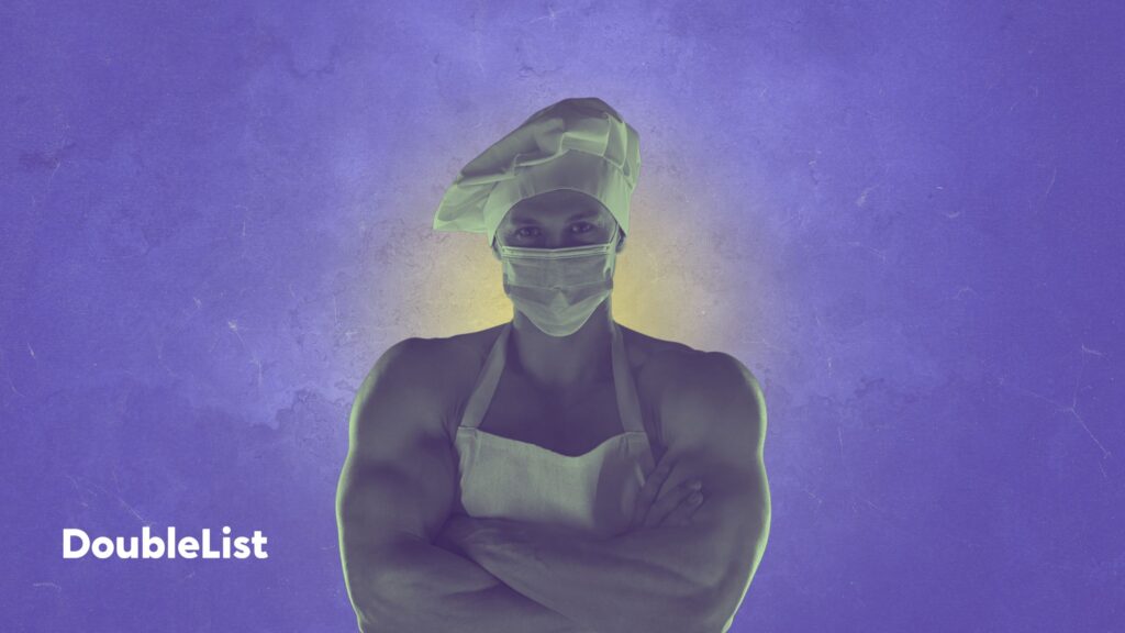 DoubleList graphic of a muscular man wearing an apron, chef's hat, and a surgical mask in front of a purple backdrop.
