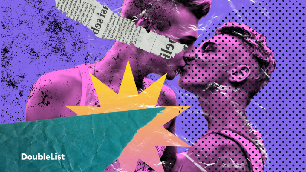 DoubleList graphic of two silhouetted twinks kissing, collaged with colorful, abstract shapes on a splattered purple background.