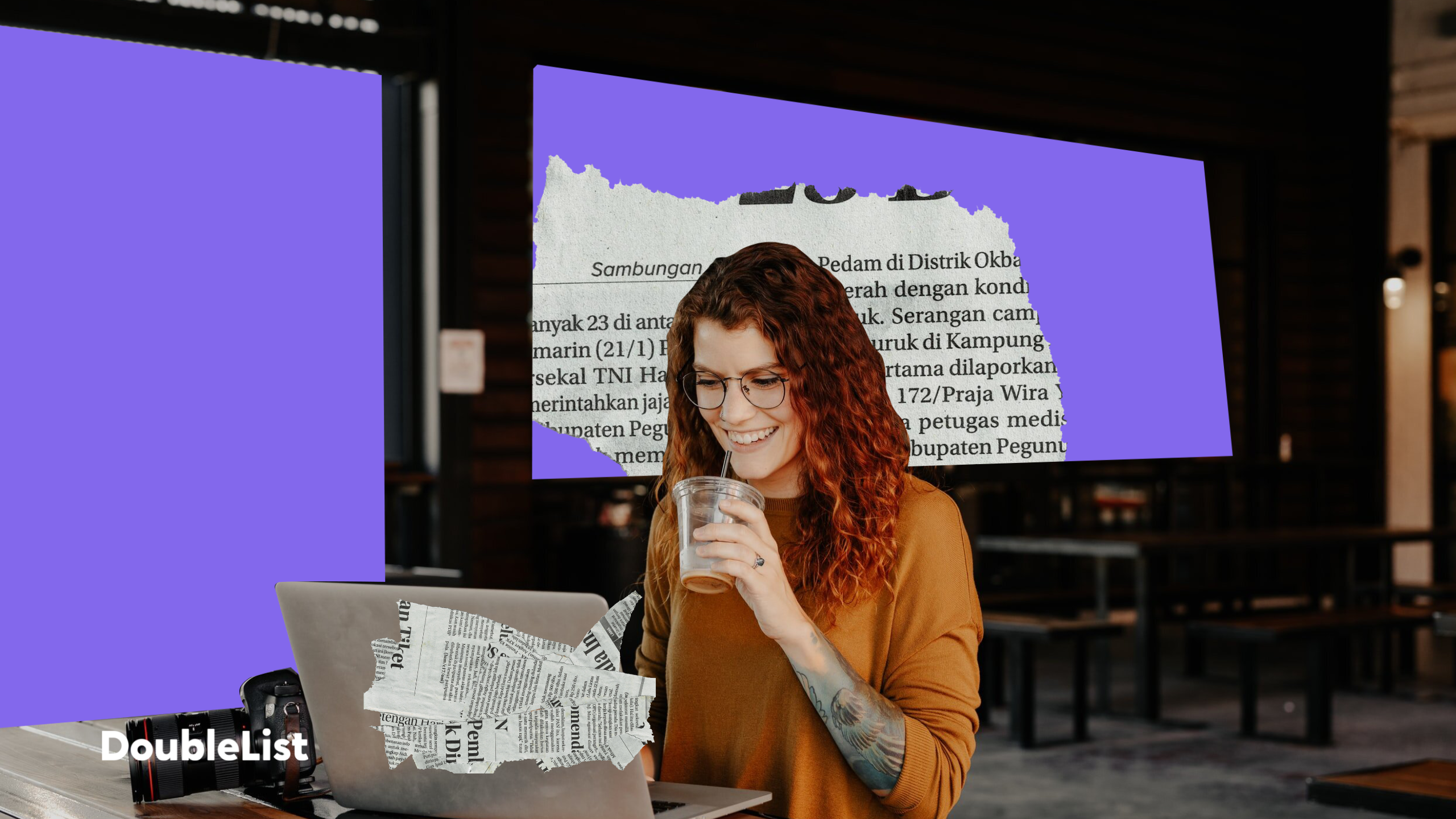 DoubleList graphic of a woman smiling and drinking iced coffee while browsing dating websites on a laptop in an office space.