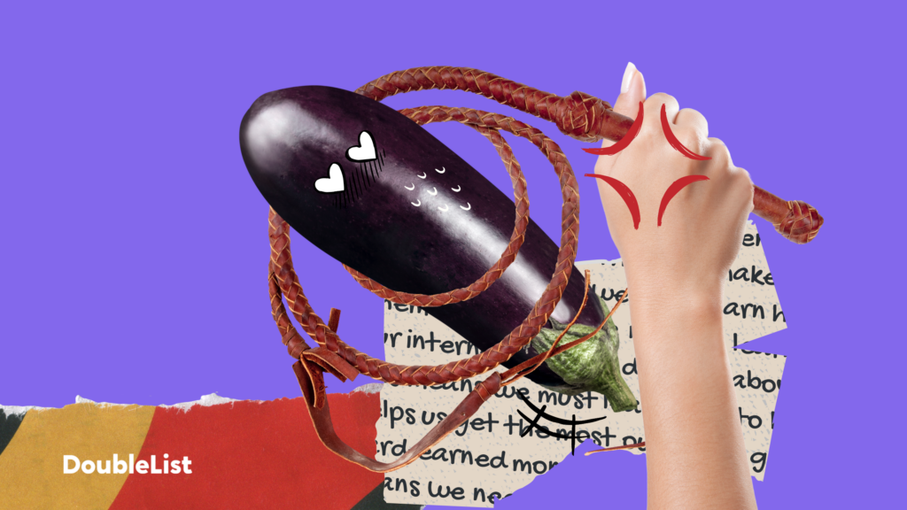 DoubleList graphic of a hand holding a braided leather whip around an eggplant with heart-shaped eyes over a purple backdrop.