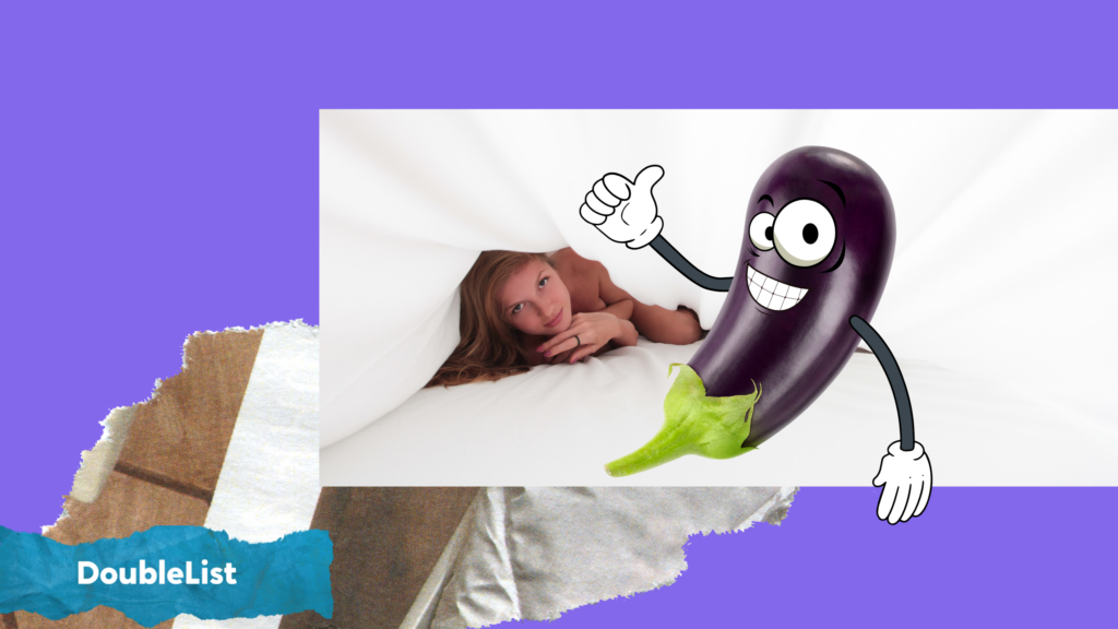 DoubleList graphic of an eggplant with cartoon eyes, smile, and hands in front of a woman wrapped up in white bedsheets.