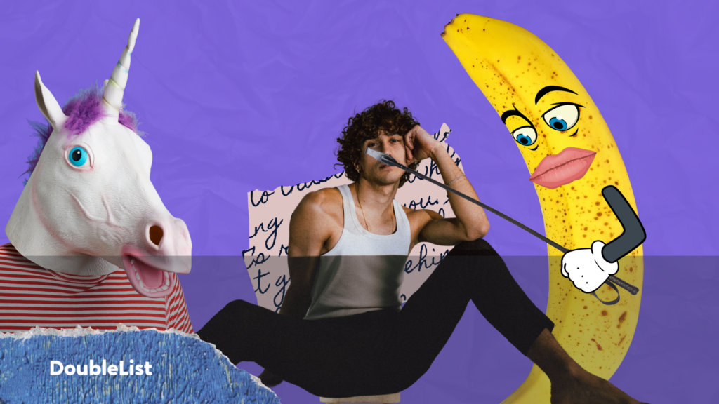 DoubleList graphic of cartoon banana with a crop hitting overlaying a lounging man next to a person in a unicorn head mask.